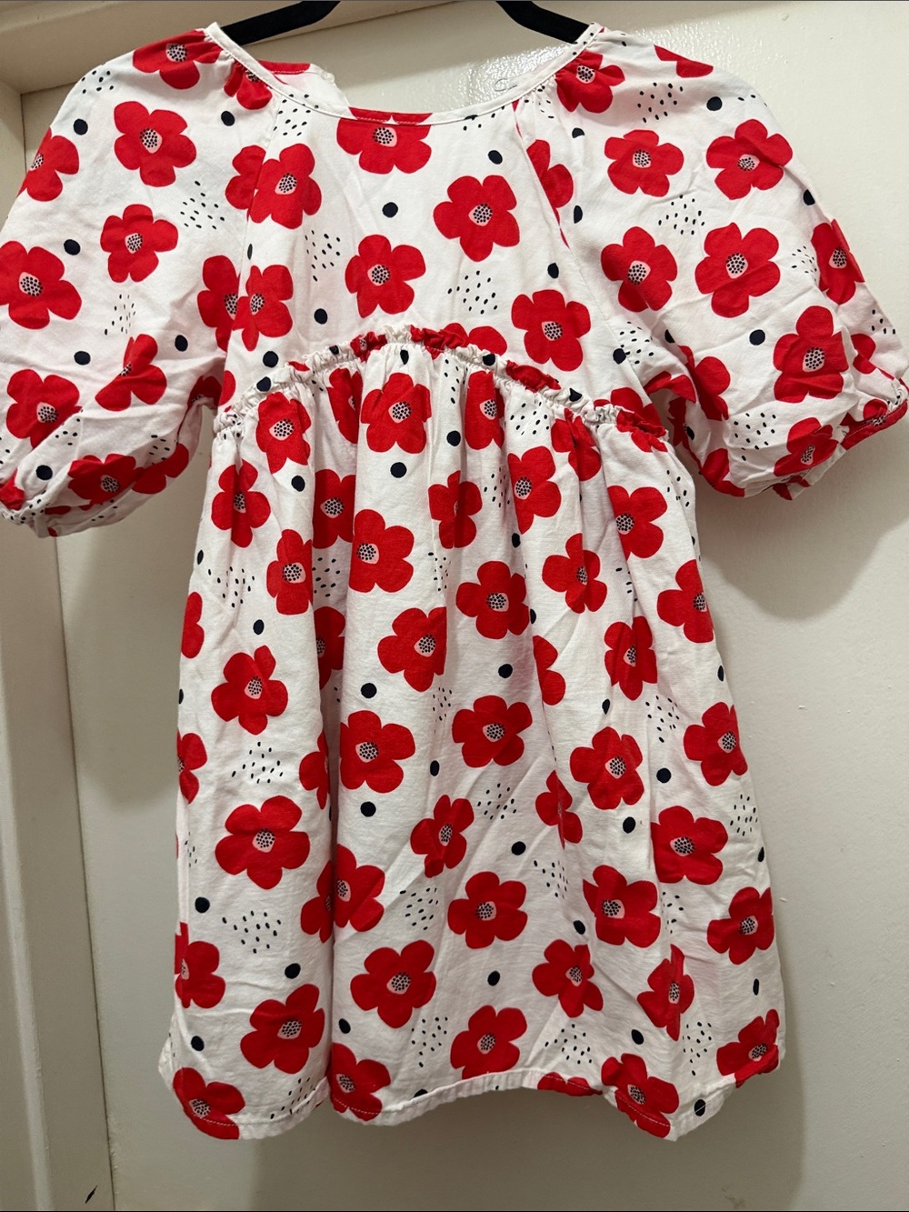 Girls White Dress with Red Floral Print and Puff Sleeves